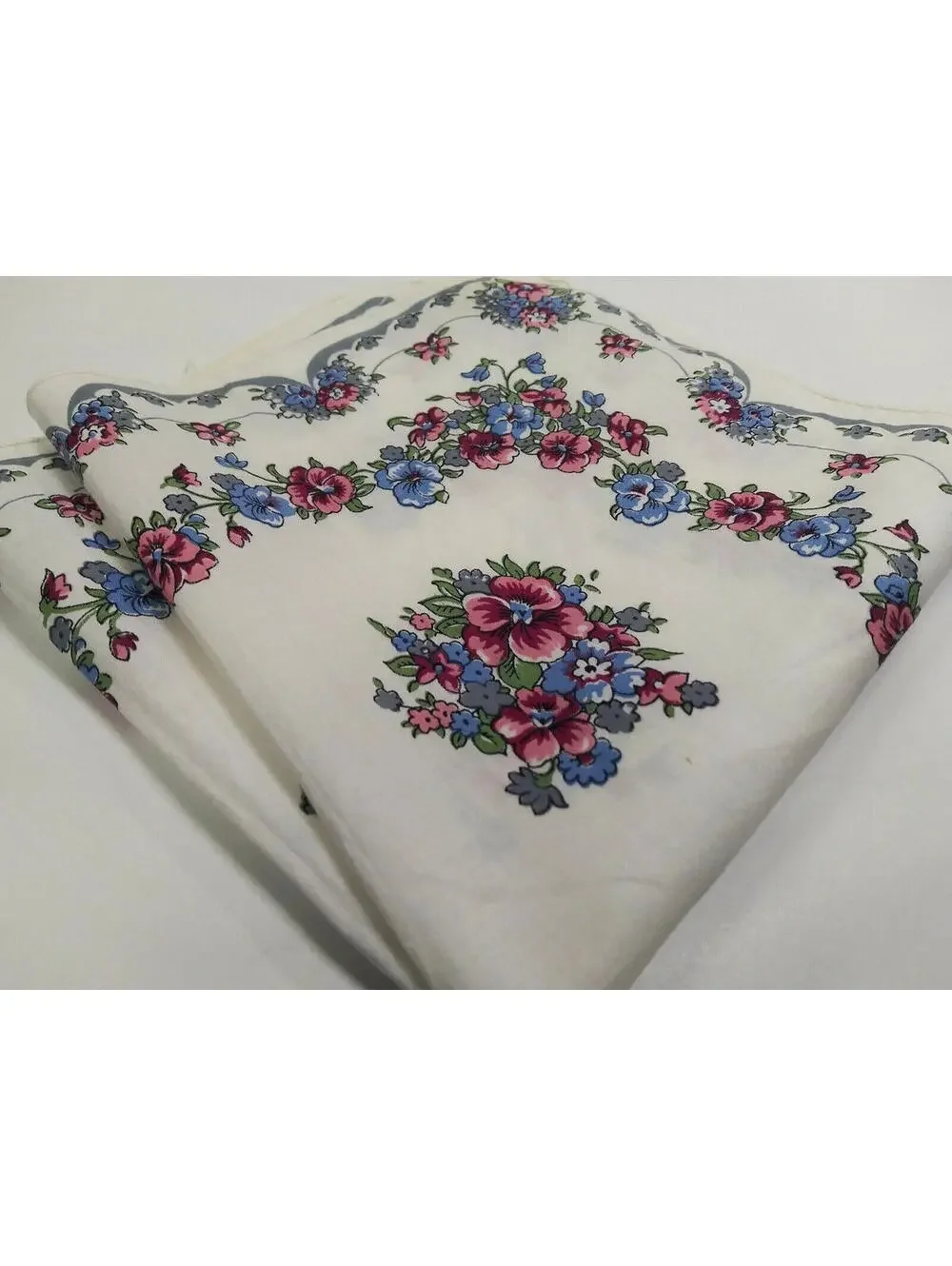 Vintage Hankie Cotton Gray White Floral Periwinkle Floral Handkerchief Placemat